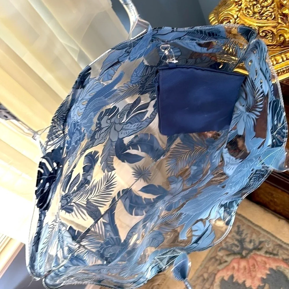 Brand New Pink Victoria’s Secret Blue Tropical Palm Clear Beach Tote Waterproof